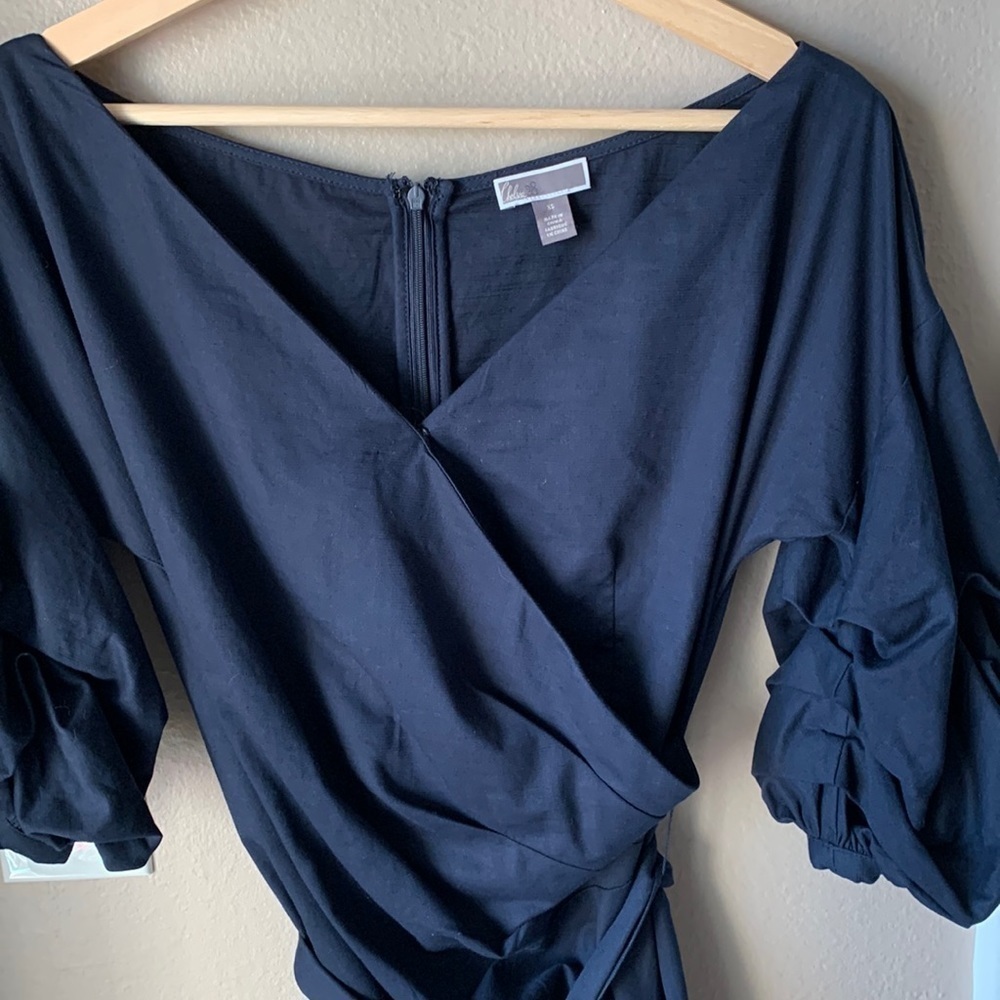 CHELSEA 28 Navy Blue Puff Sleeve Faux Wrap Dress with Belt